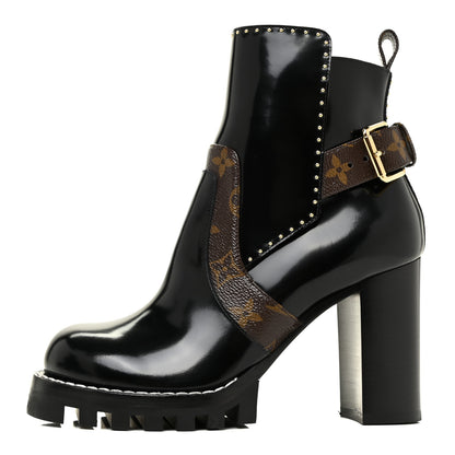 Louis Vuitton Glazed Calfskin Monogram Embellished Star Trail Ankle Boots 37 Black 1 of 9