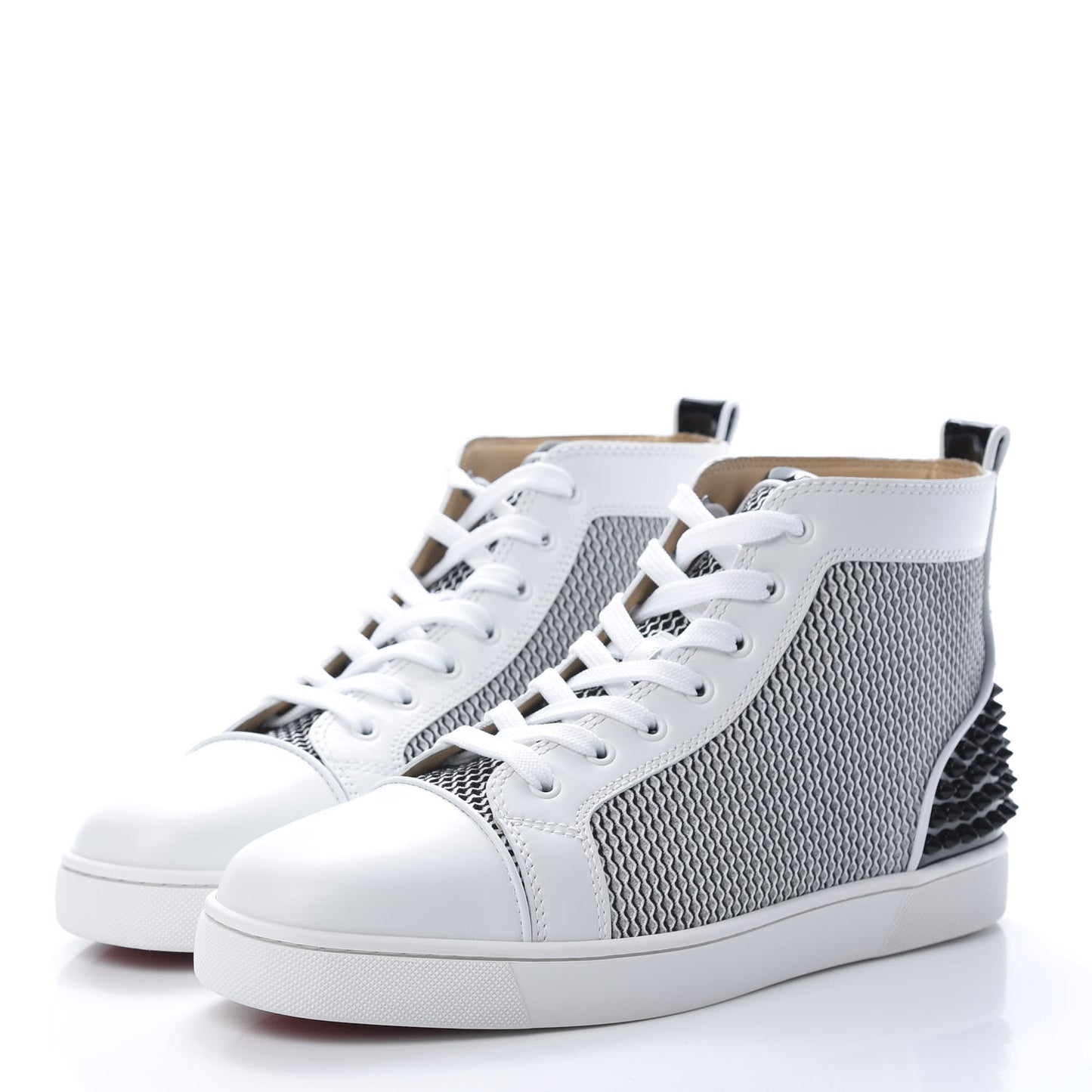 Calfskin Mesh Lou Spikes 3 Ying Yang Flat Sneakers 43.5 White Black Silver
