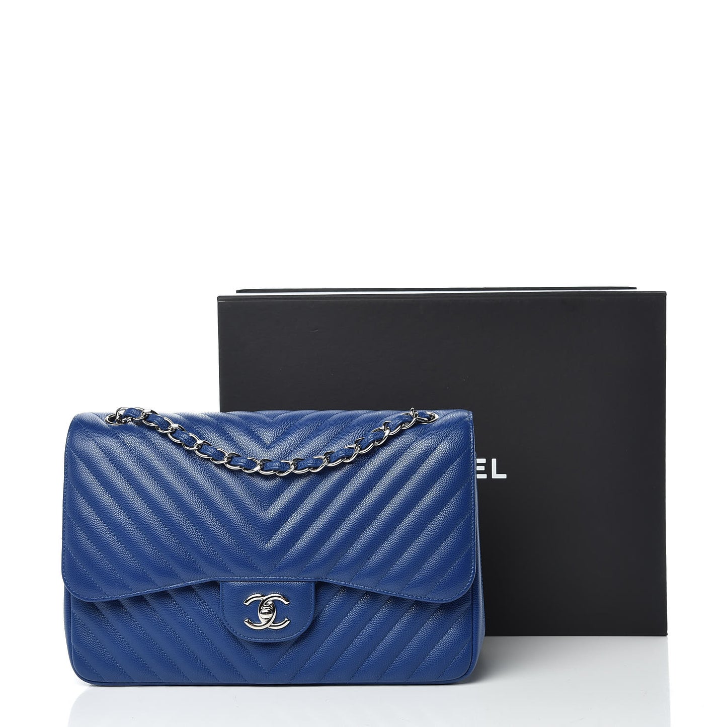 Caviar Chevron Quilted Jumbo Double Flap Blue