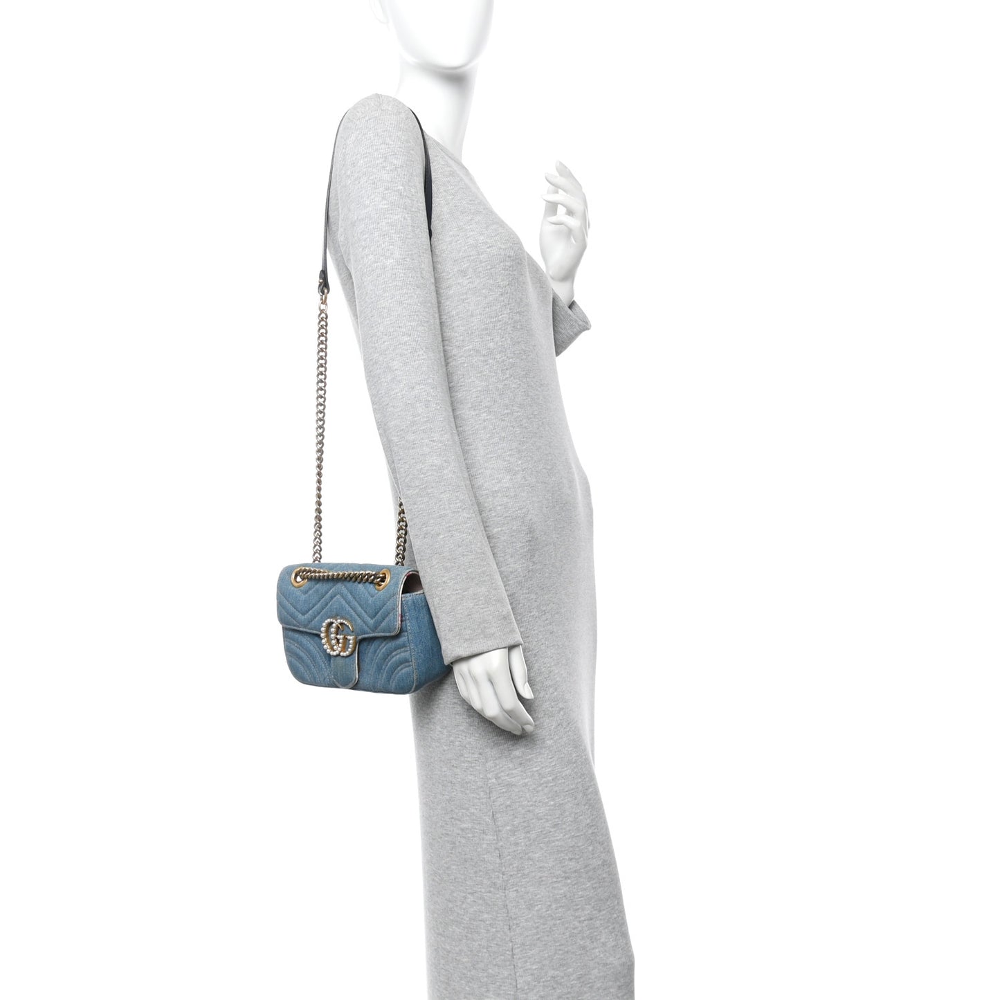 Denim Matelasse Mini Pearly GG Marmont Shoulder Bag Blue