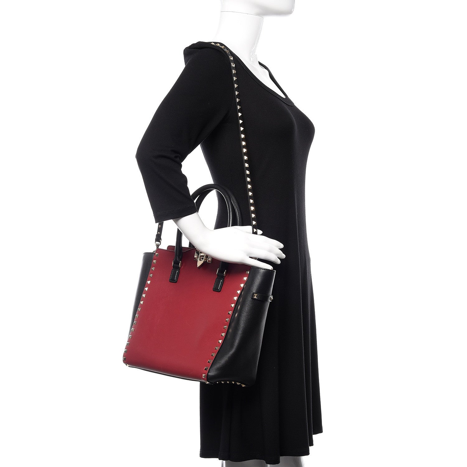 Valentino Garavani Vitello Bi-Color Rockstud Double Handle Tote Scarlet Black 2 of 9