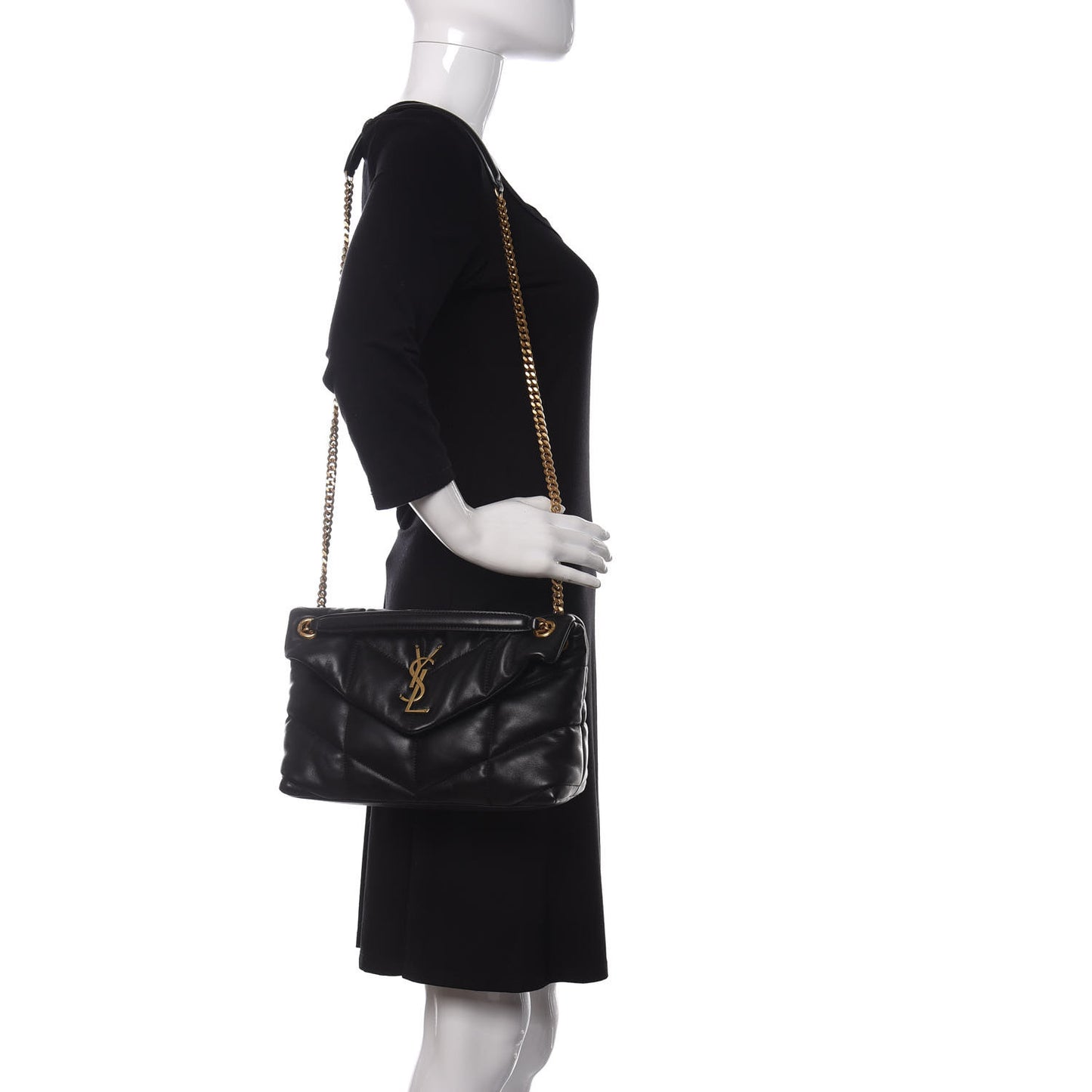 Lambskin Quilted Small Loulou Puffer Monogram Chain Satchel Black