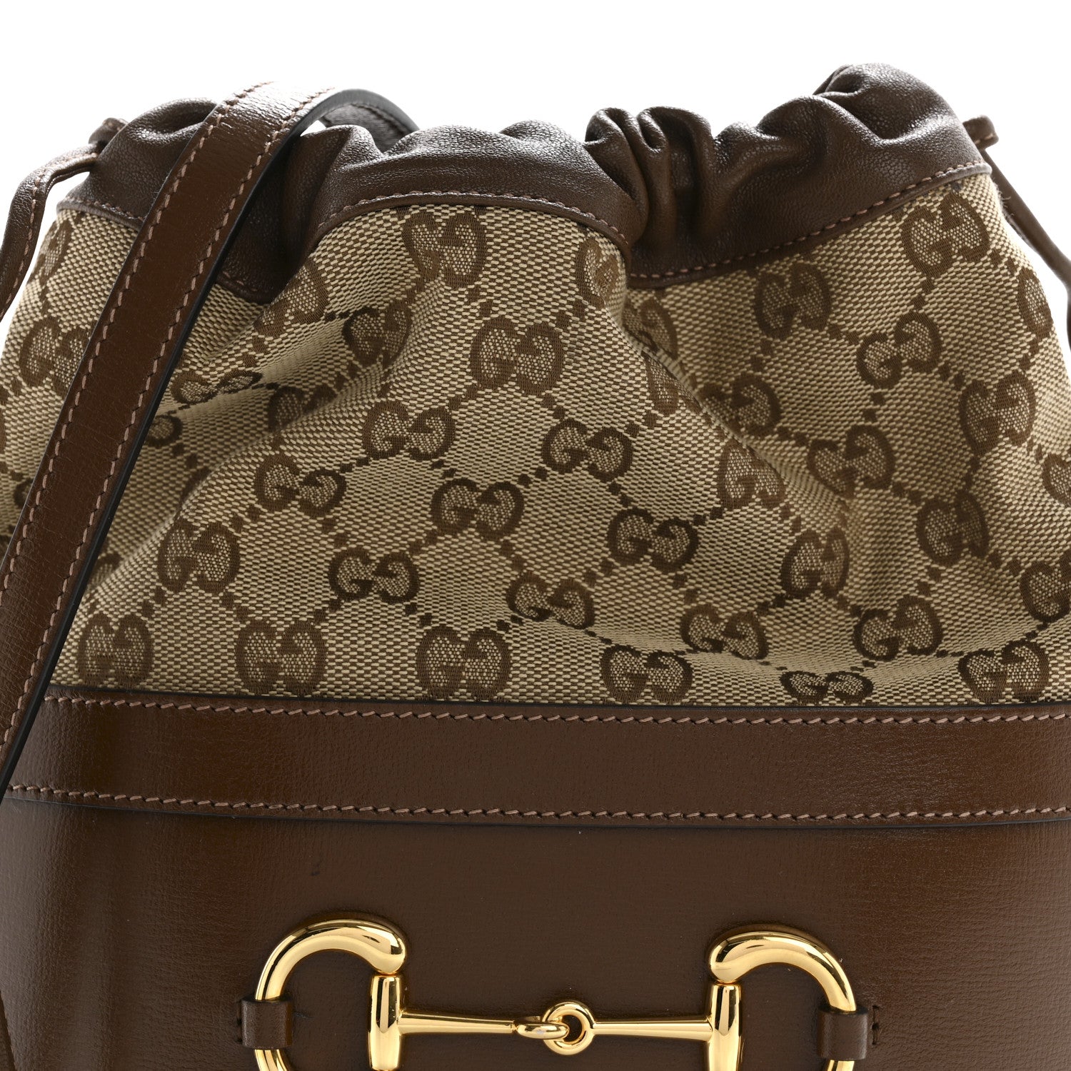 Gucci Monogram Textured Calfskin Horsebit 1955 Drawstring Bucket Bag Beige Brown Sugar 8 of 14