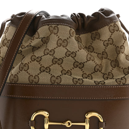 Gucci Monogram Textured Calfskin Horsebit 1955 Drawstring Bucket Bag Beige Brown Sugar 8 of 14