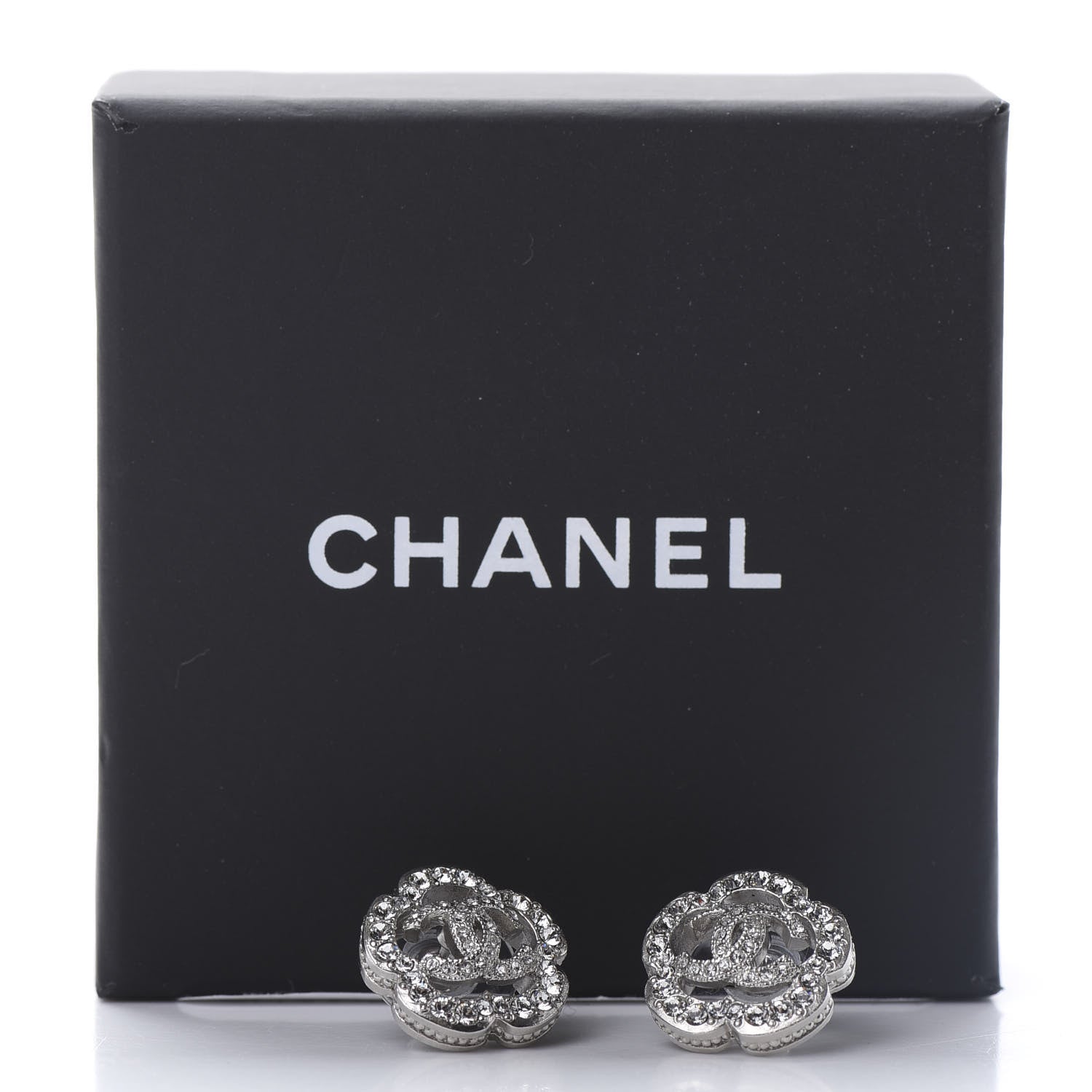 Chanel Crystal Coco Flapper Camellia CC Stud Earrings Silver 5 of 5