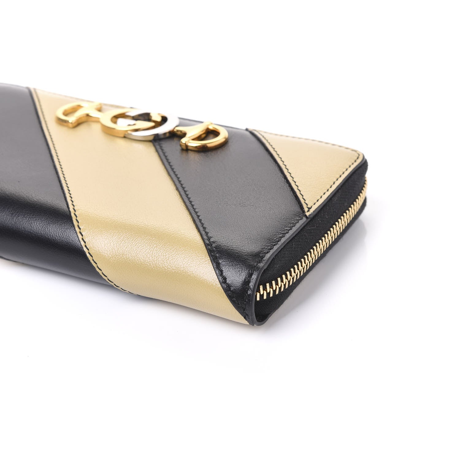 Gucci Smooth Calfskin Diagonal Striped Zumi Zip Around Wallet Black Beige 6 of 7