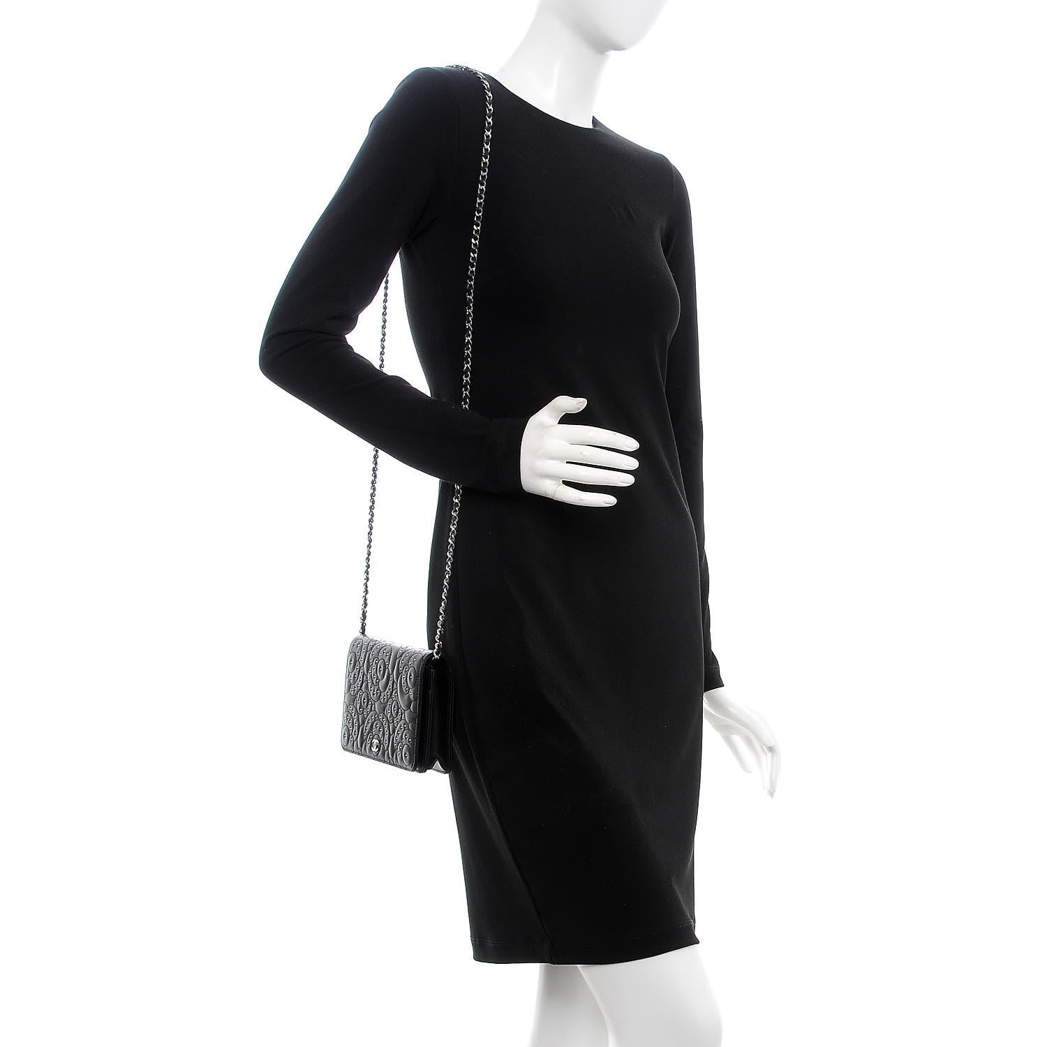 Chanel Lambskin Camellia Studded Wallet on Chain WOC Black 2 of 9