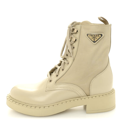 Prada Spazzolato Re-Nylon Metal Triangle Logo Womens 50mm Combat Boots 39 Deserto 1 of 9