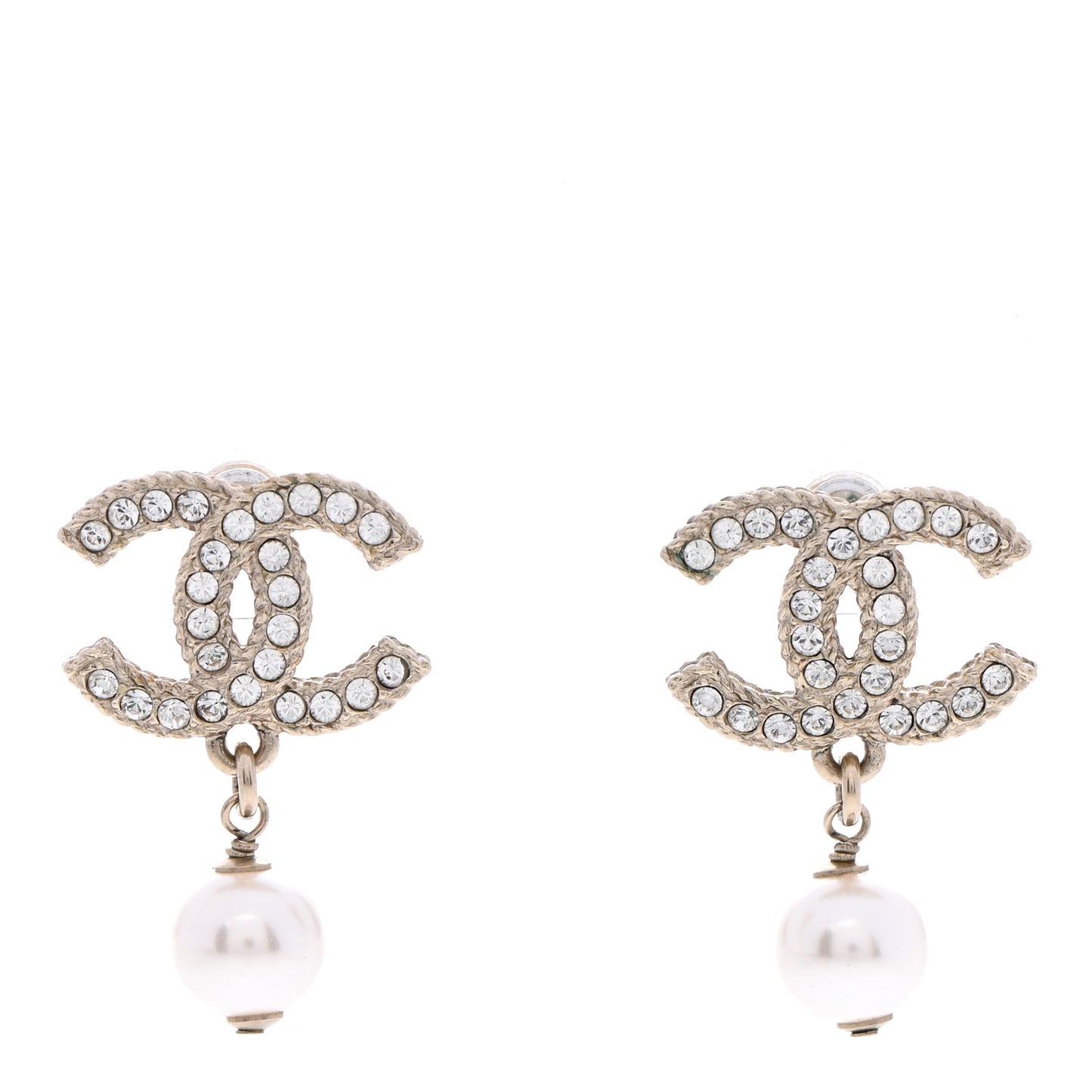 Crystal Pearl CC Drop Earrings Gold