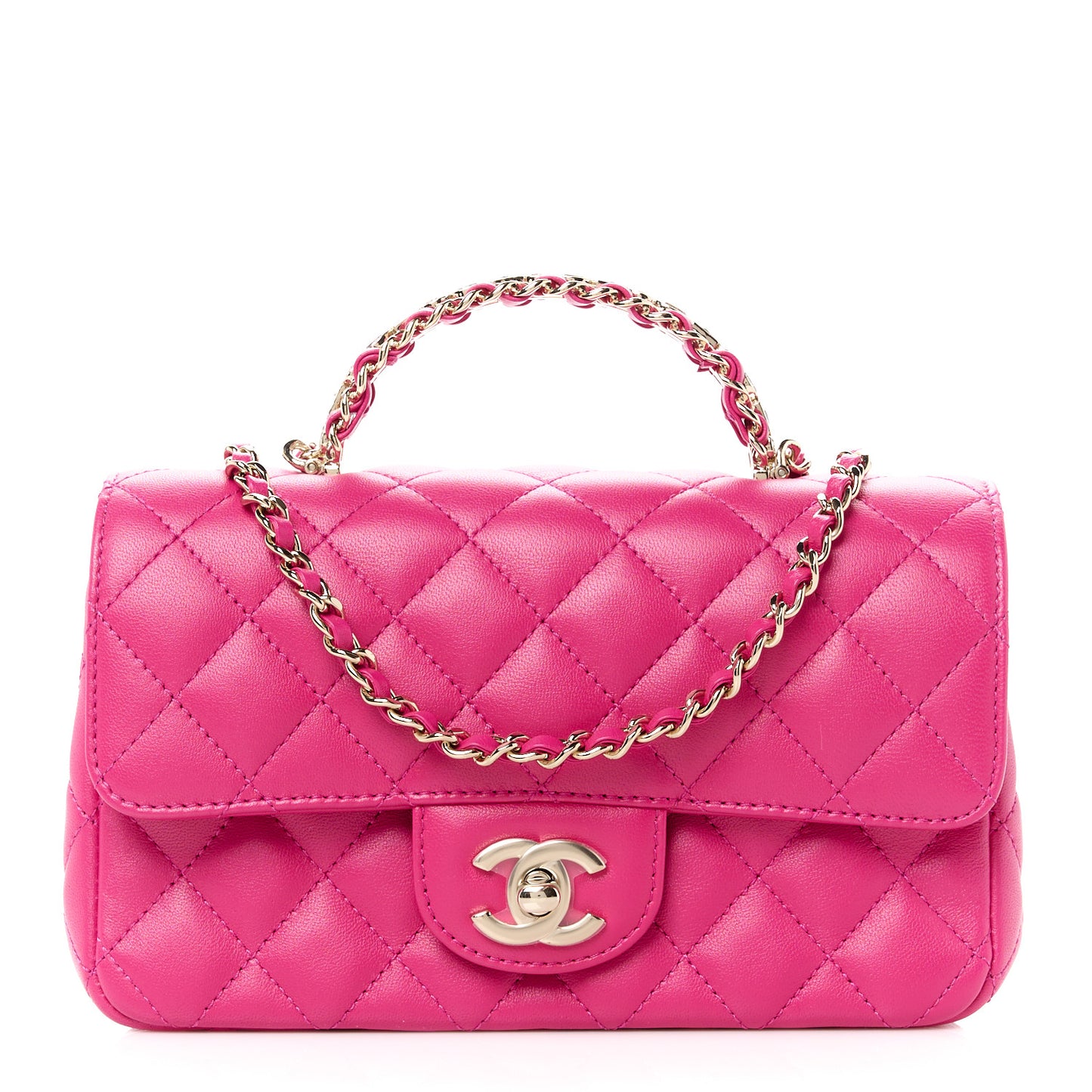 Lambskin Quilted Mini Crystal Top Handle Rectangular Flap Dark Pink