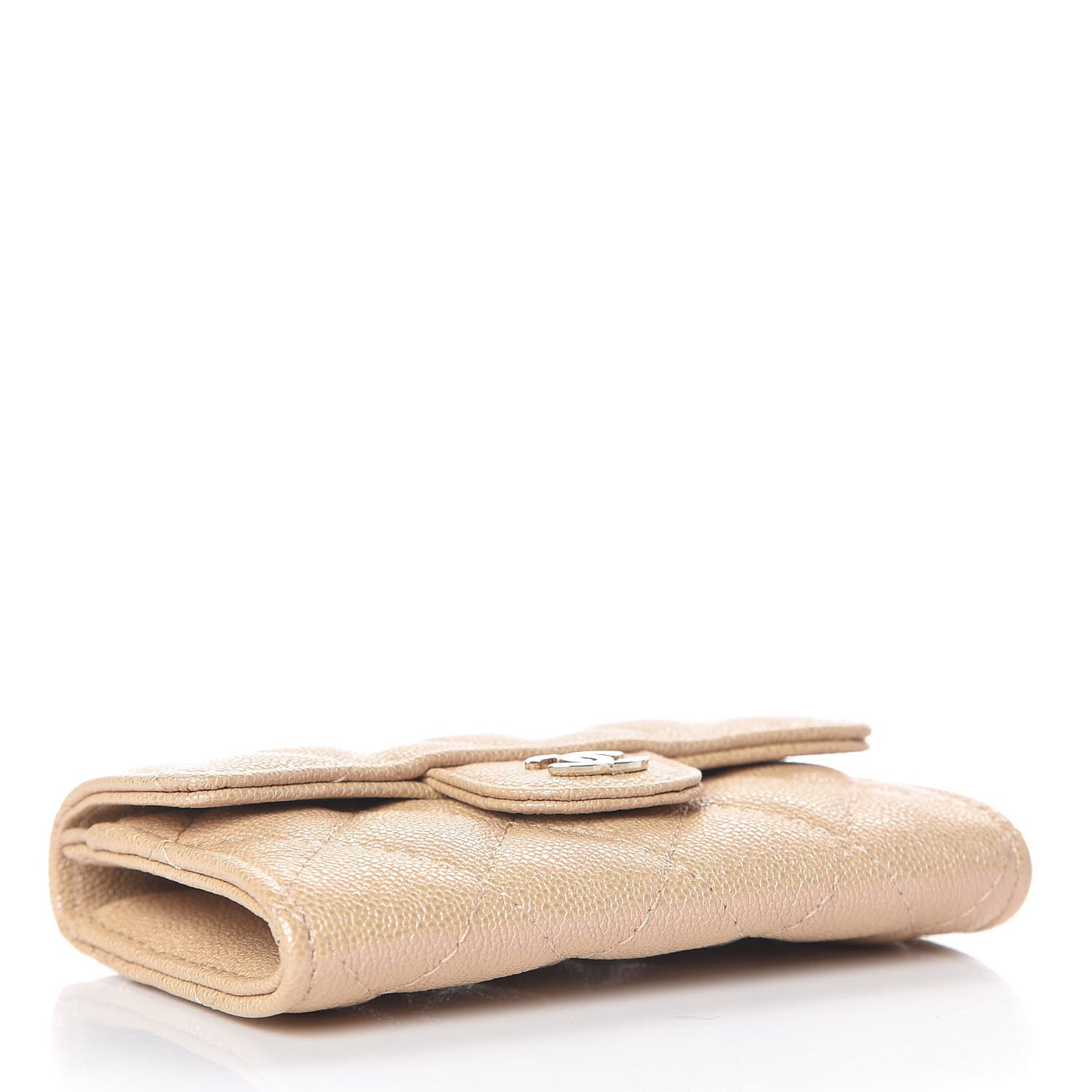 Iridescent Caviar Quilted Flap Card Holder Beige