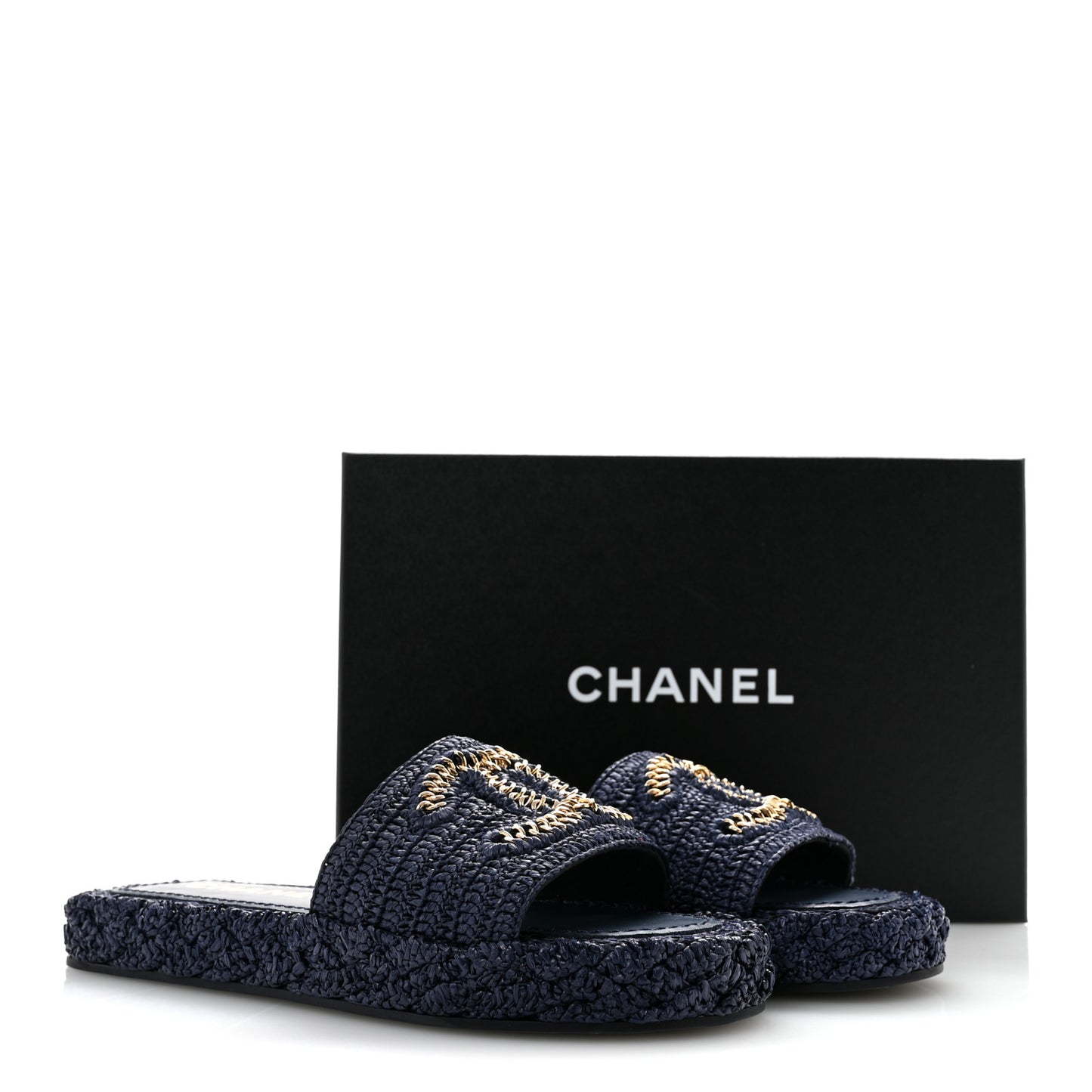 Braided Cord CC Espadrille Slip On Sandals 38 Navy Blue