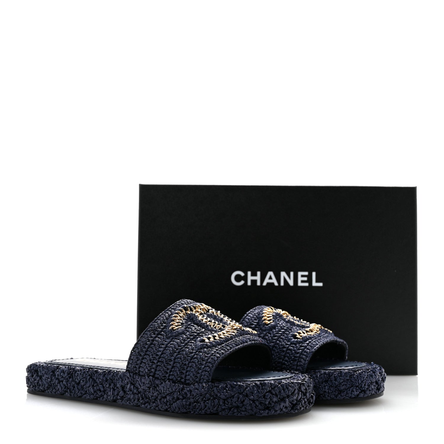 Chanel Braided Cord CC Espadrille Slip On Sandals 38 Navy Blue 10 of 10