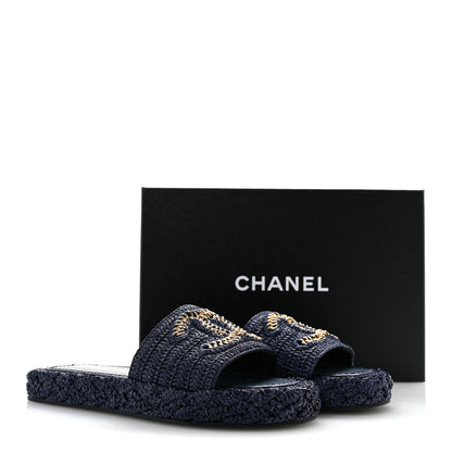 Chanel Braided Cord CC Espadrille Slip On Sandals 38 Navy Blue 10 of 10