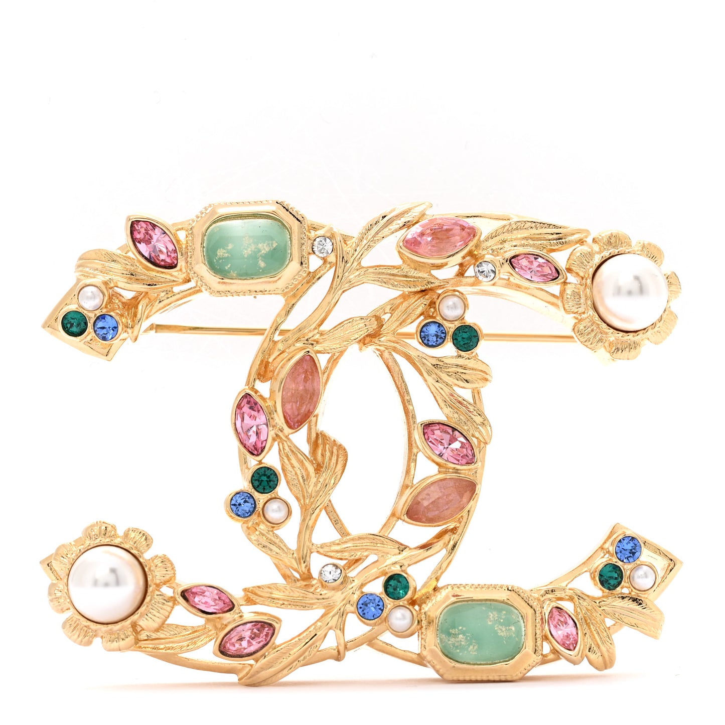 Crystal Pearl CC Leaf Brooch Gold Multicolor