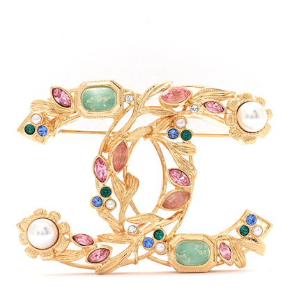 Chanel Crystal Pearl CC Leaf Brooch Gold Multicolor 1 of 4