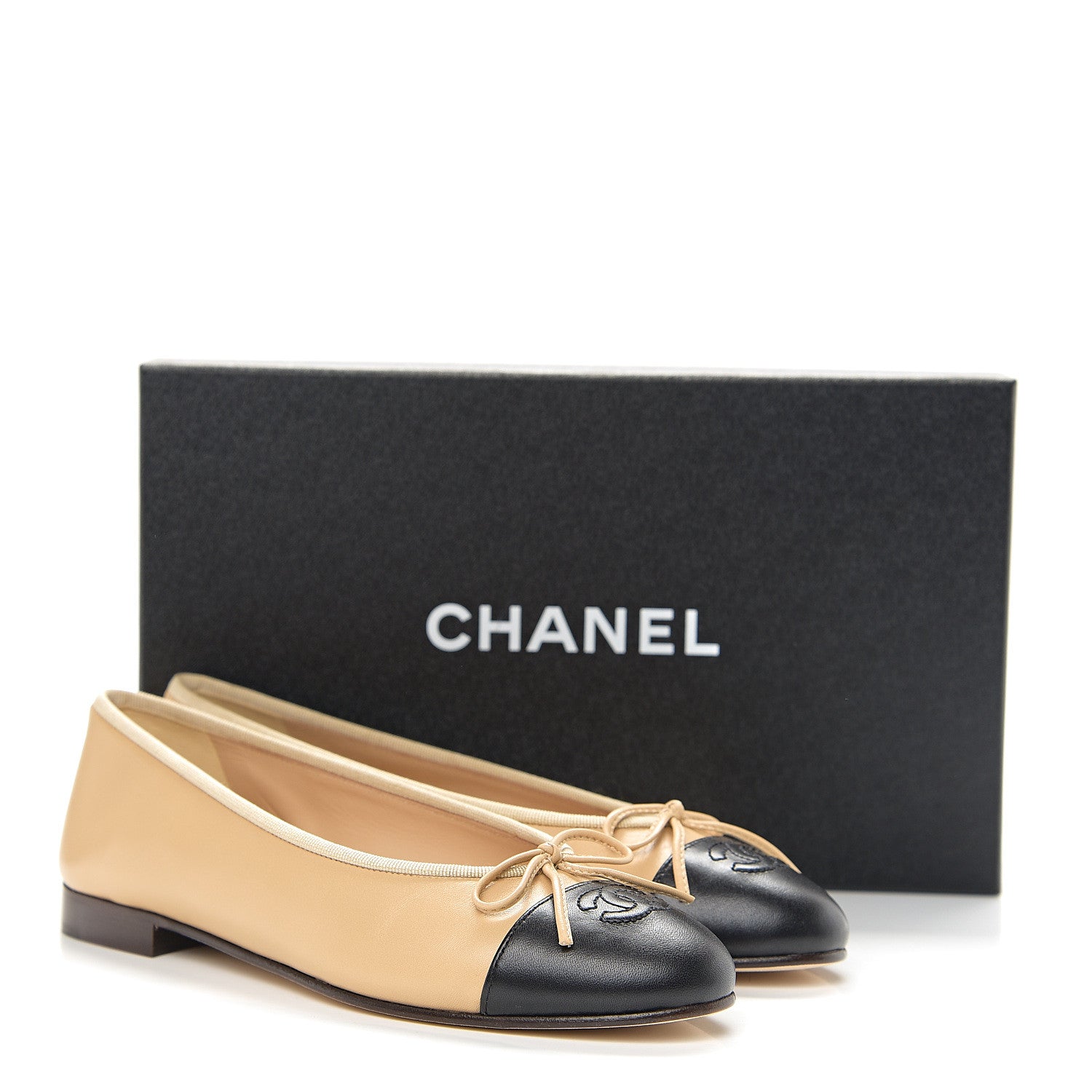 Chanel Lambskin Cap Toe CC Ballerina Flats 38 Beige Black 12 of 12