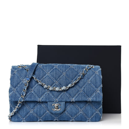 Chanel Frayed Denim Quilted Large Blue Chip Flap Blue 16 of 16