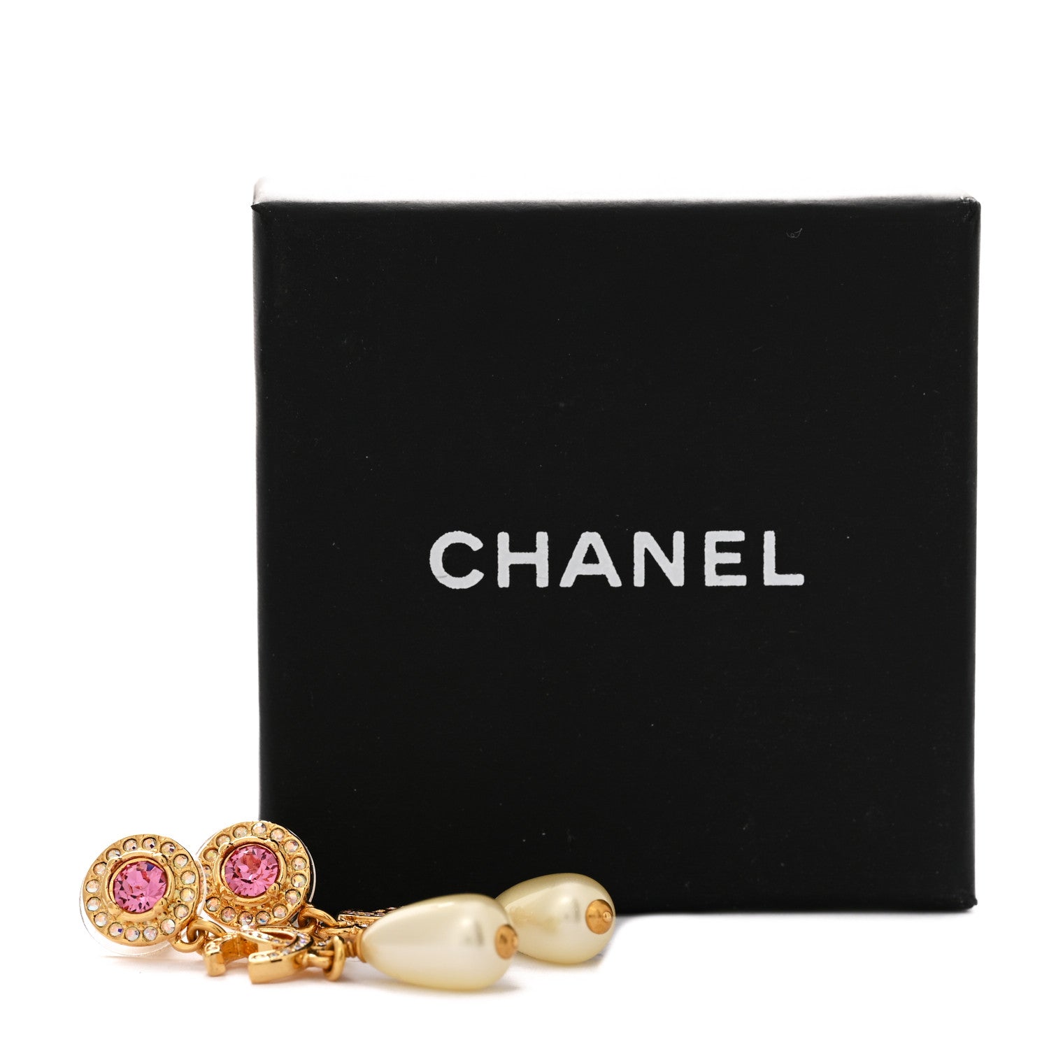 Chanel Metal Crystal Pearl CC Drop Earrings Gold Pink White 5 of 5
