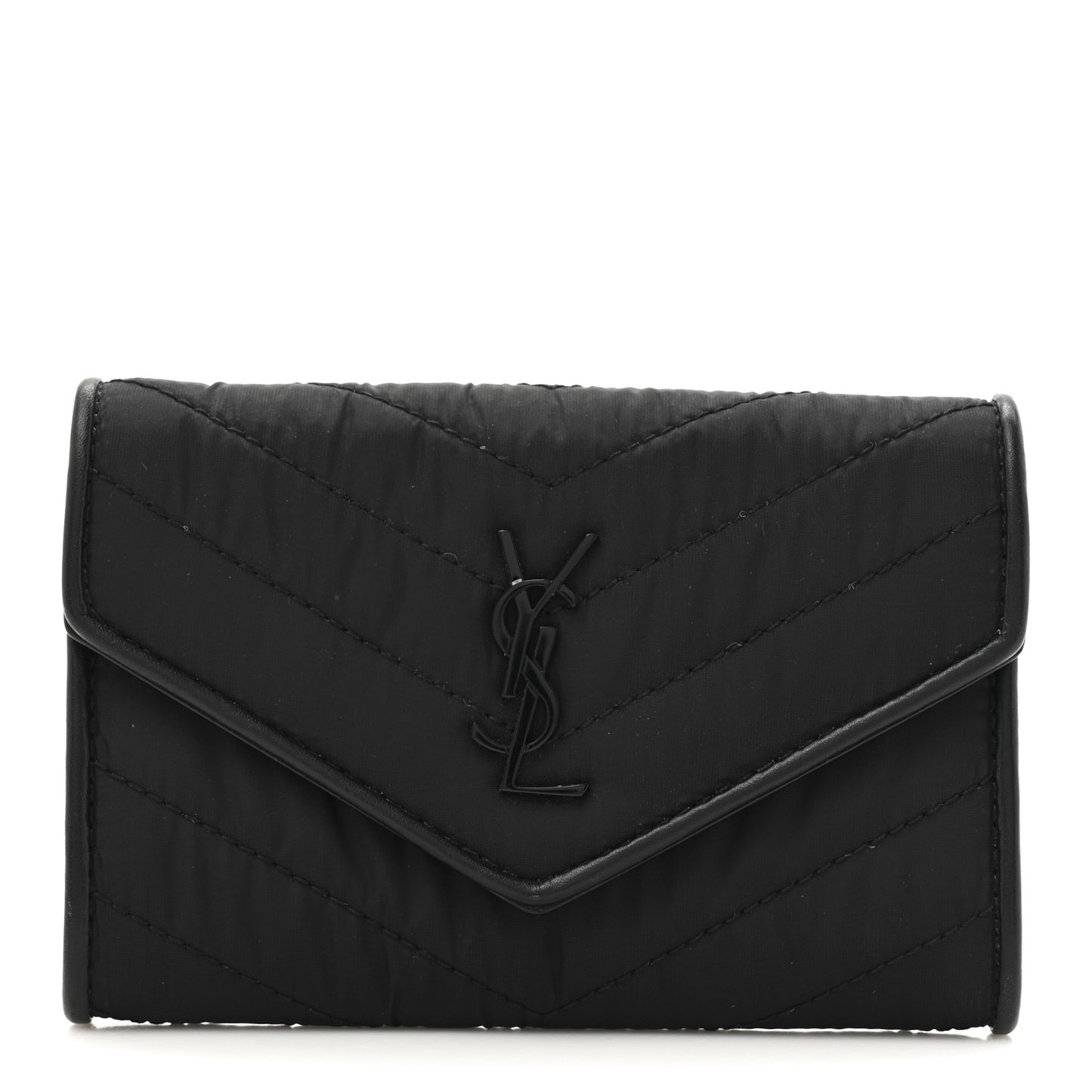 Calfskin Nylon Matelasse Chevron Small Monogram Envelope Wallet Black