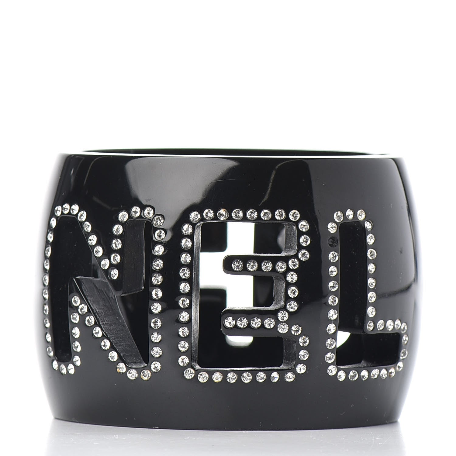Chanel Resin Crystal Logo Cuff Bangle Bracelet Black 3 of 6