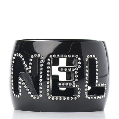 Chanel Resin Crystal Logo Cuff Bangle Bracelet Black 3 of 6