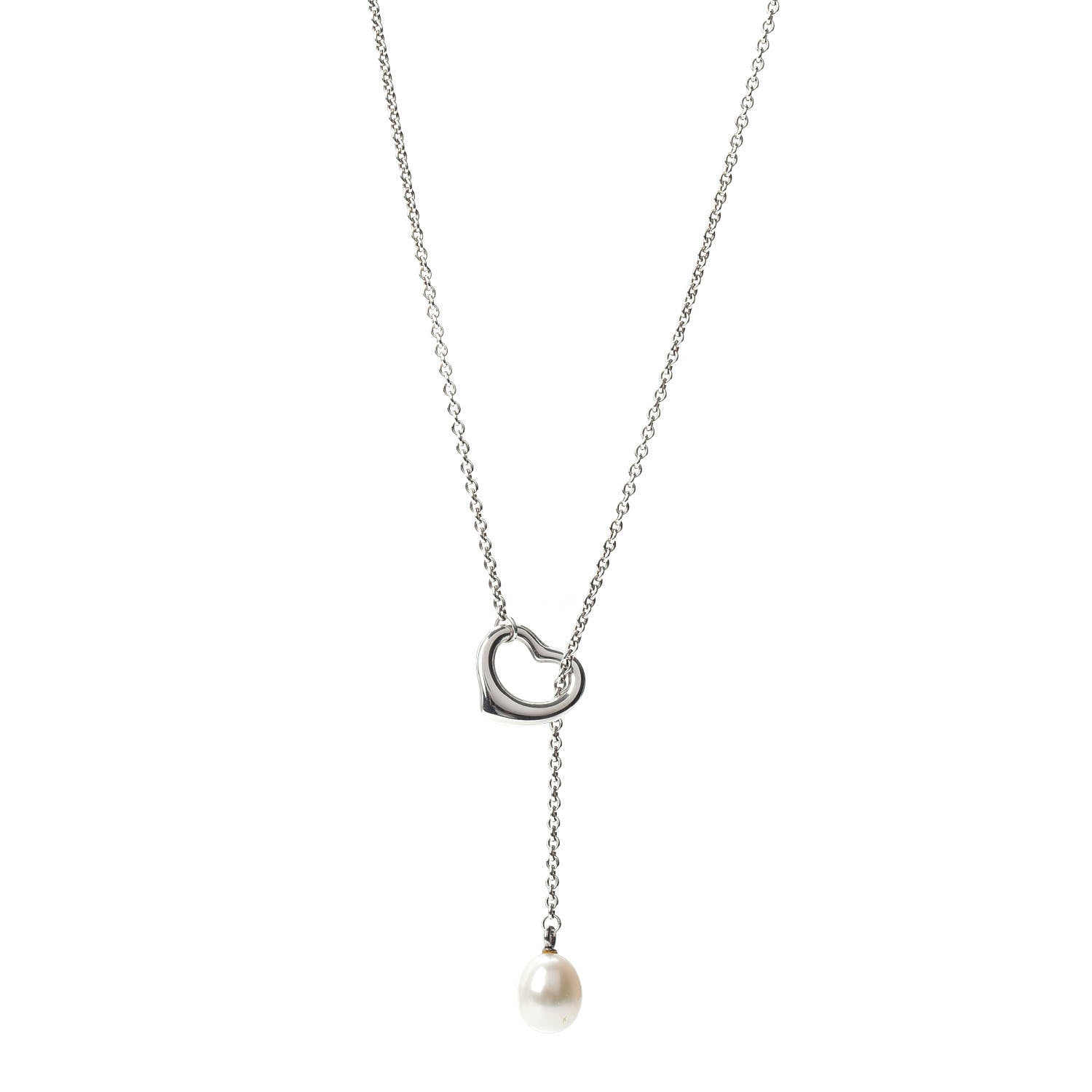 Tiffany Sterling Silver Pearl 9-9.5mm Elsa Peretti Open Heart Lariat Necklace 1 of 4