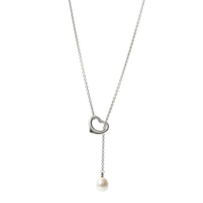 Tiffany Sterling Silver Pearl 9-9.5mm Elsa Peretti Open Heart Lariat Necklace 1 of 4