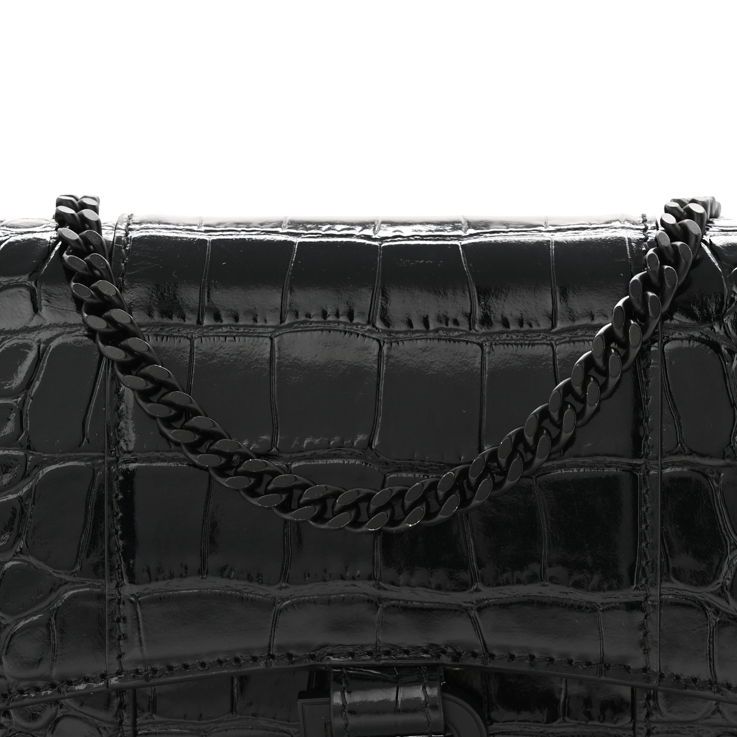 Shiny Calfskin Monochrome Crocodile Embossed Hourglass Chain Bag Black