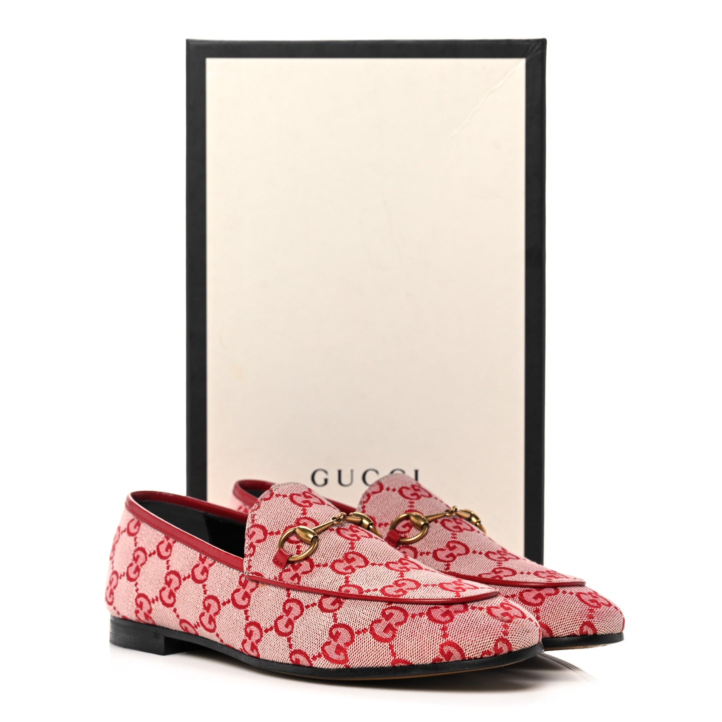 Canvas GG Monogram Horsebit Womens Jordaan Loafers 38 Gardenia Hibiscus Red