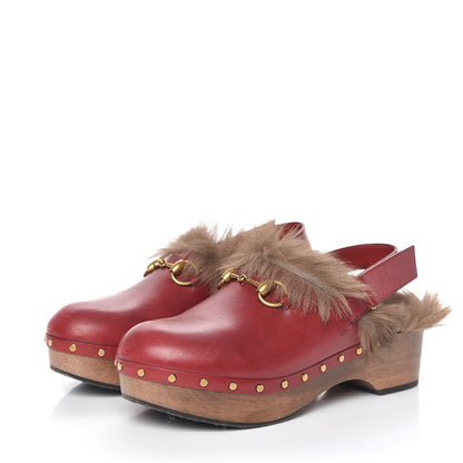 Gucci Calfskin Fur Horsebit Amstel Slingback Clogs 40 Rosso Naturale 3 of 13