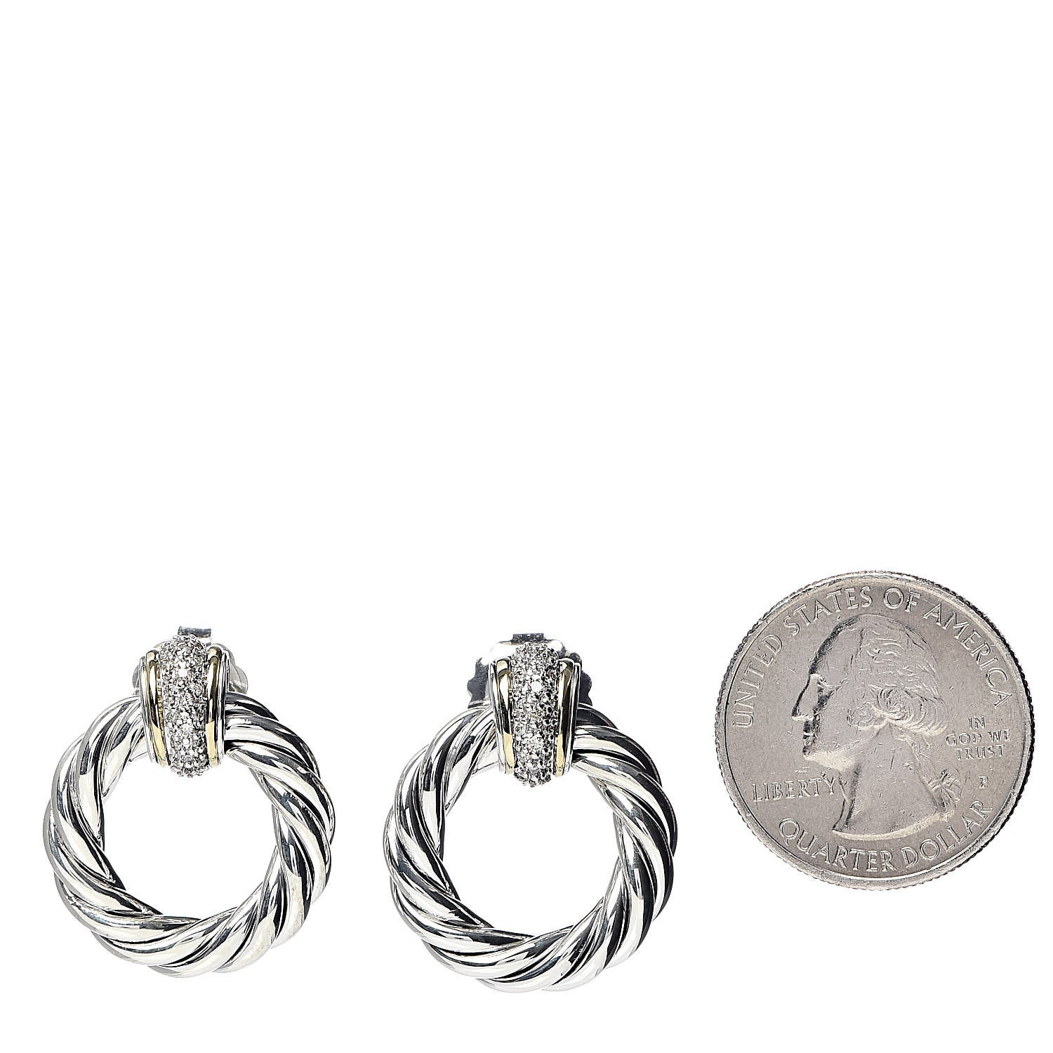 David Yurman Sterling Silver 18K Yellow Gold Diamond Door Knocker Cable Earrings 2 of 4