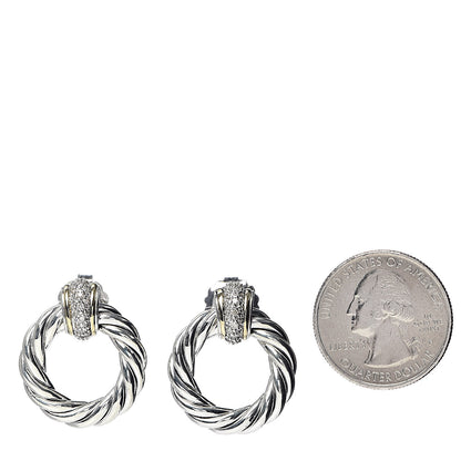 David Yurman Sterling Silver 18K Yellow Gold Diamond Door Knocker Cable Earrings 2 of 4