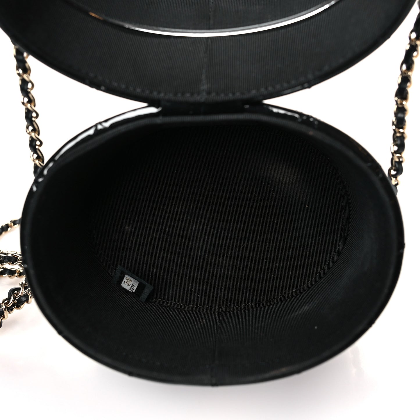 Patent Quilted Round Clutch With Chain Black