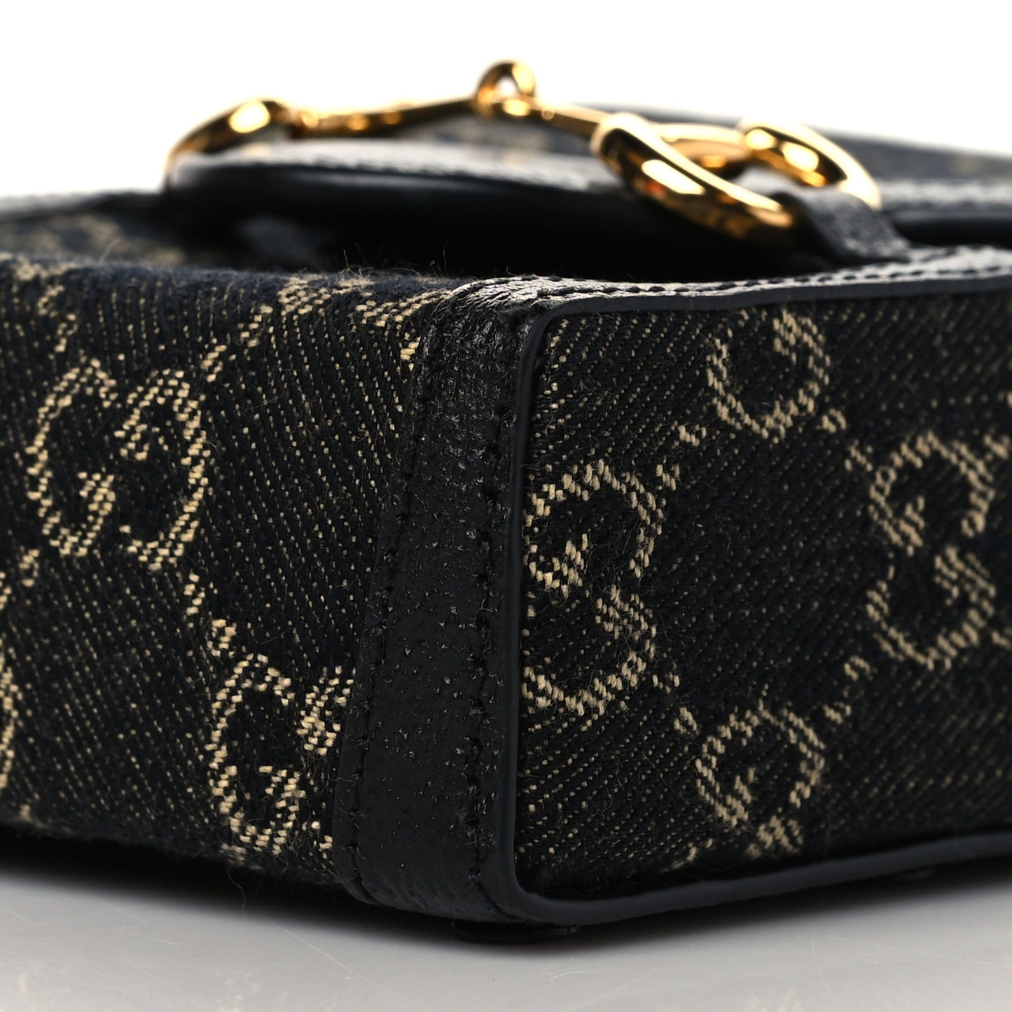 Jacquard Black Denim GG Monogram Textured Dollar Calfskin Mini Horsebit 1955 Crossbody Bag Black Ivory