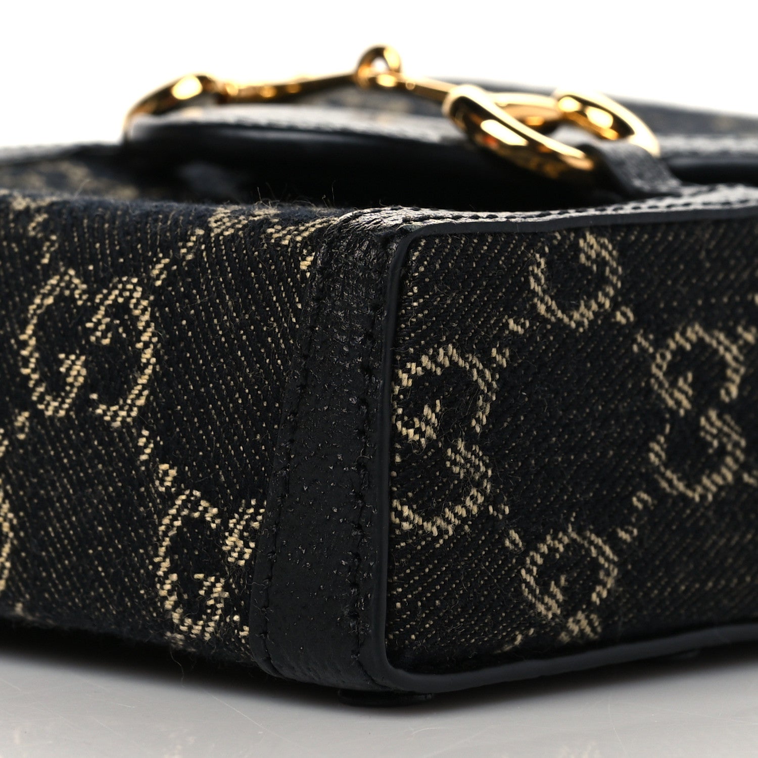 Gucci Jacquard Black Denim GG Monogram Textured Dollar Calfskin Mini Horsebit 1955 Crossbody Bag Black Ivory 10 of 11
