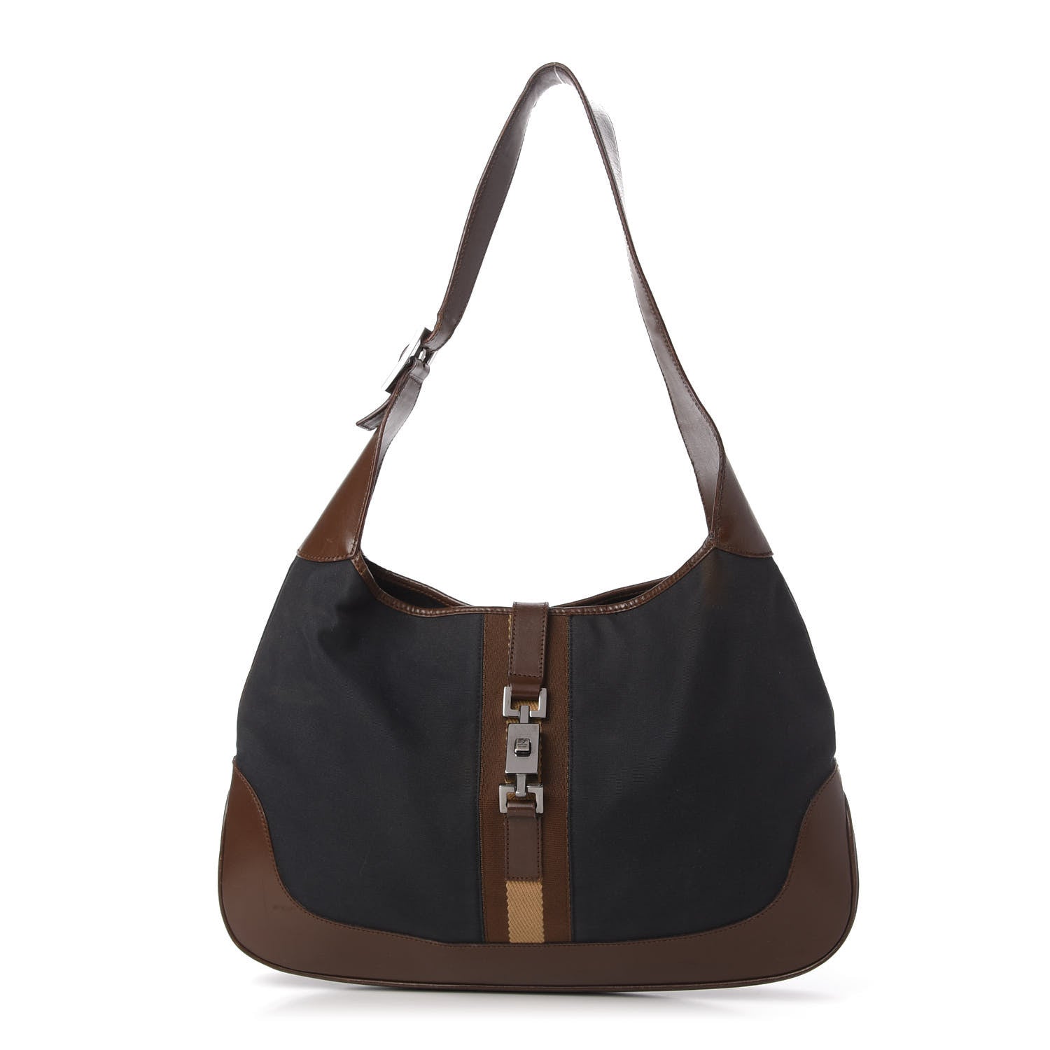 Gucci Canvas Calfskin Jackie O Hobo Navy Brown 1 of 14