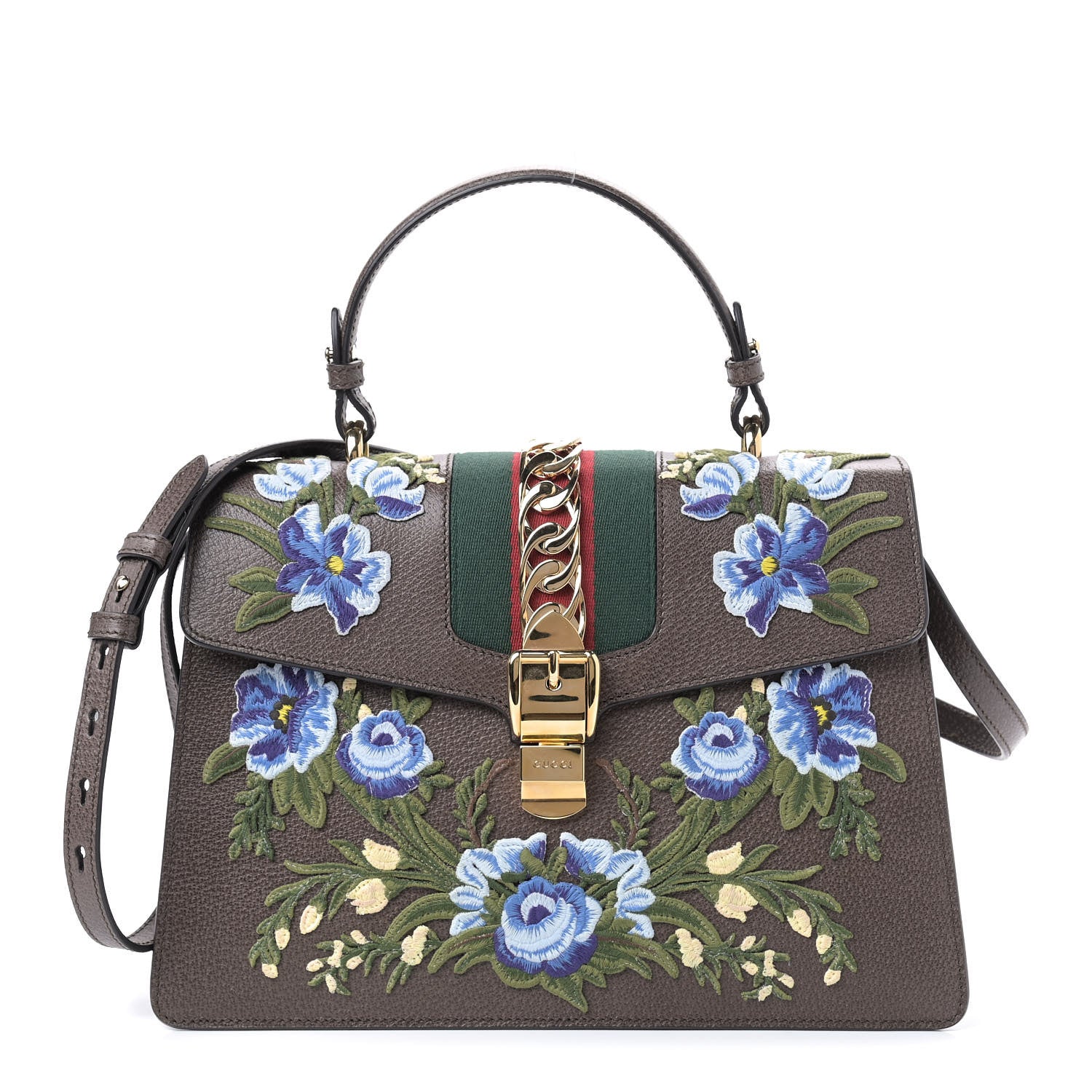 Gucci Calfskin Embroidered Medium Sylvie Top Handle Bag New Acero Multicolor 1 of 9