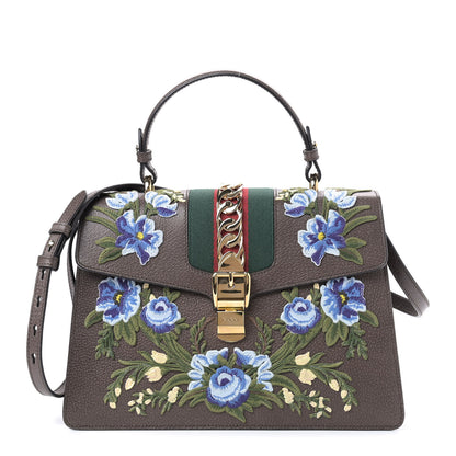 Gucci Calfskin Embroidered Medium Sylvie Top Handle Bag New Acero Multicolor 1 of 9