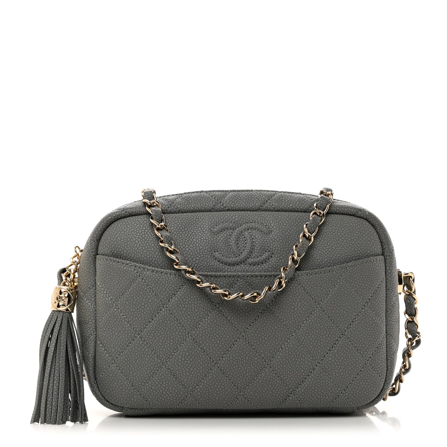 Iridescent Caviar Flat Quilted Small Coco Tassel Camera Case Grey