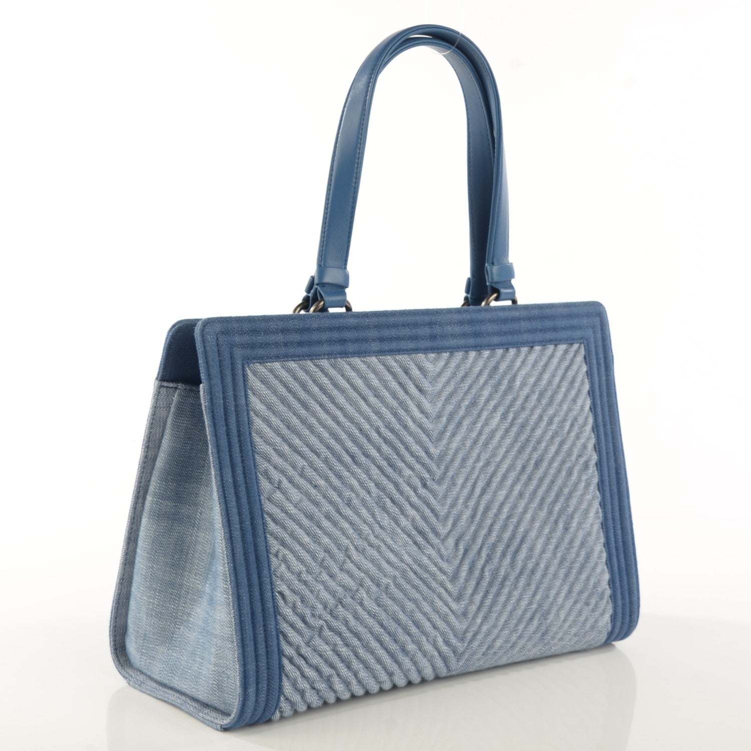 Chanel Denim Chevron Quilted Large Boy Shopping Tote Light Blue 3 of 8