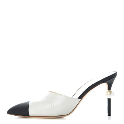Chanel Patent Lambskin Grosgrain Cap Toe Pearl Mule 39 White Black 1 of 15