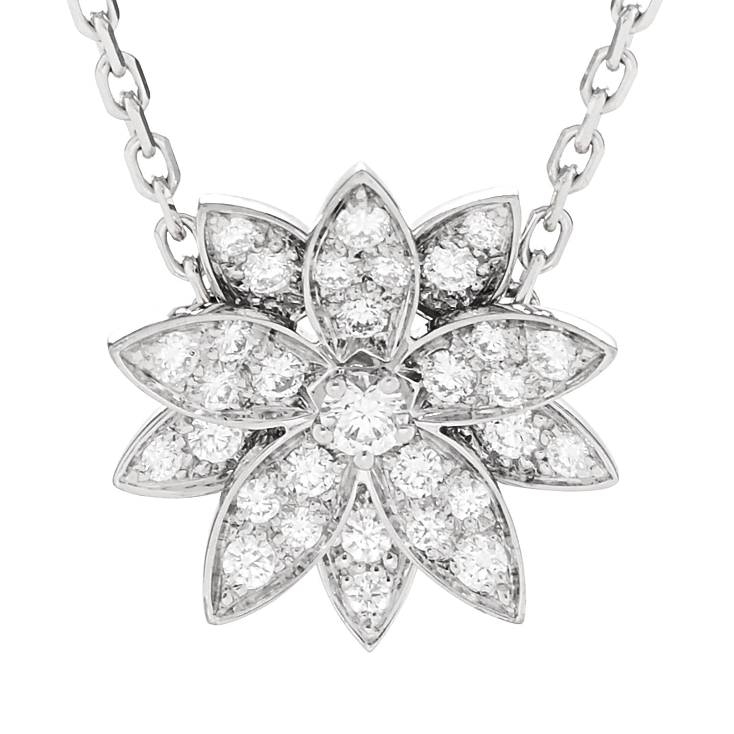 Van Cleef & Arpels 18K White Gold Diamond Small Lotus Pendant Necklace 4 of 8