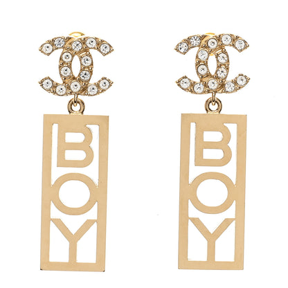 Chanel Metal Crystal CC Boy Drop Earrings Gold 1 of 5