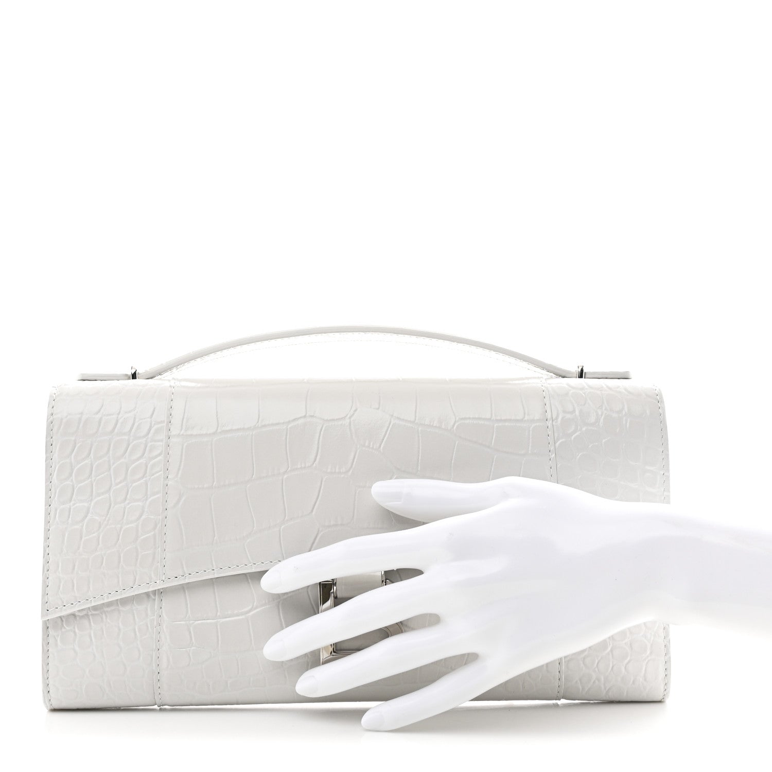 Balenciaga Shiny Calfskin Crocodile Embossed Top Handle Hourglass Clutch White 2 of 9
