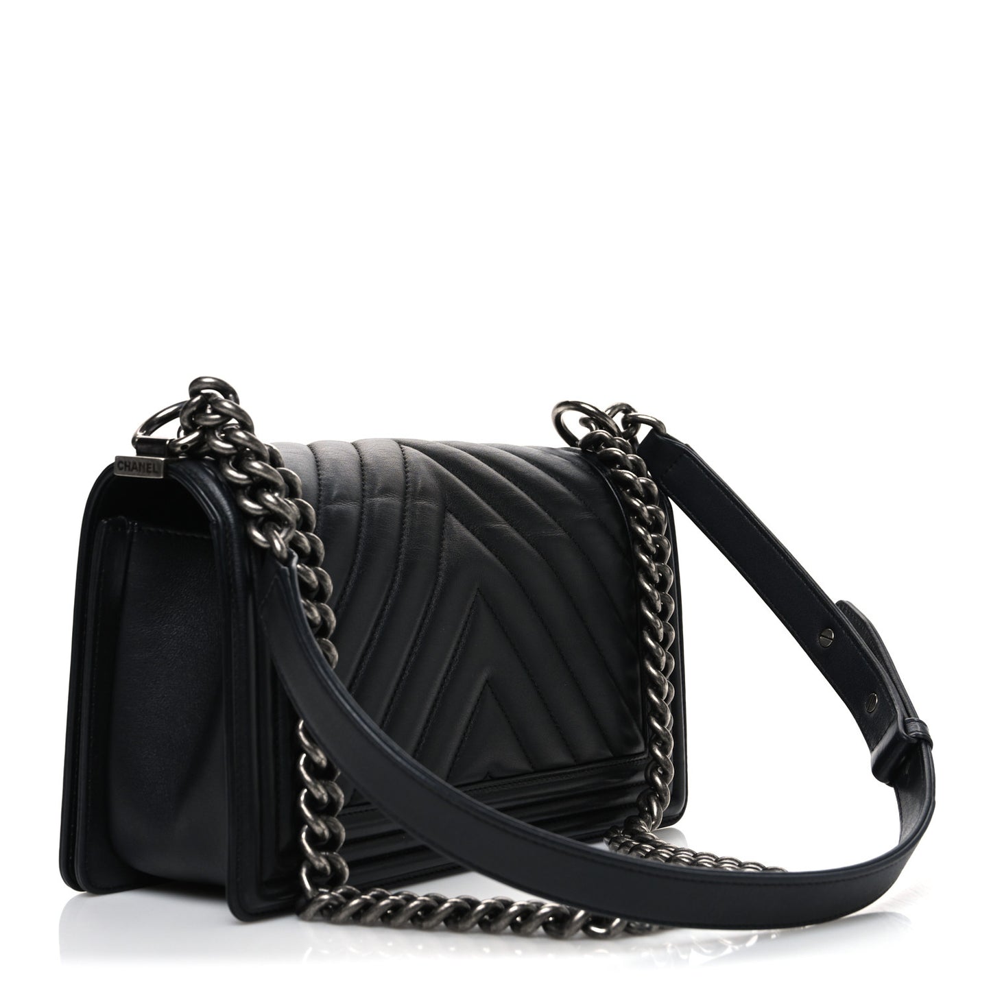 Calfskin Chevron Quilted Medium Boy Flap Black