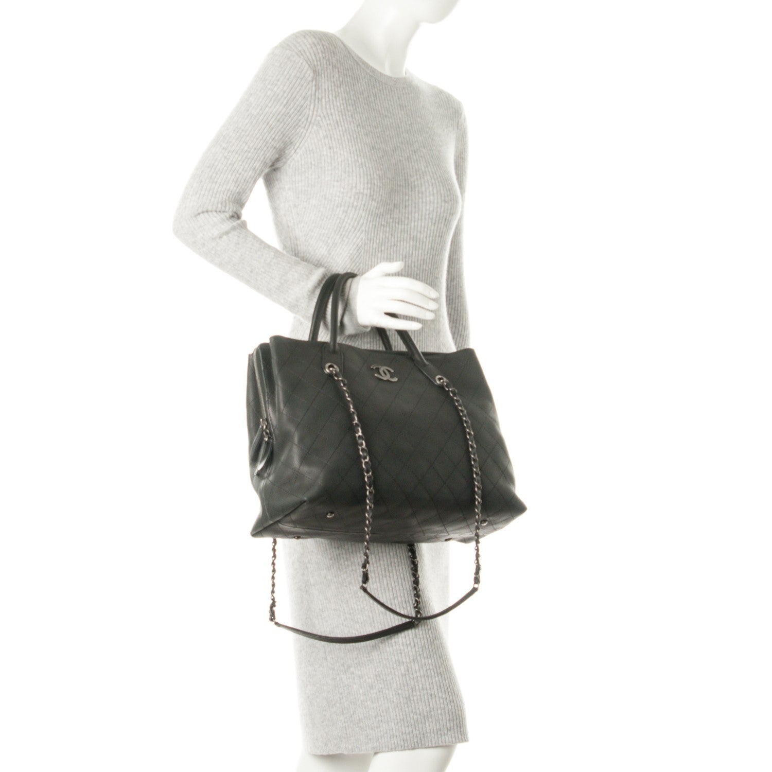 Chanel Grained Vegetal Calfskin Stitched Shopping Tote Black 3 of 8