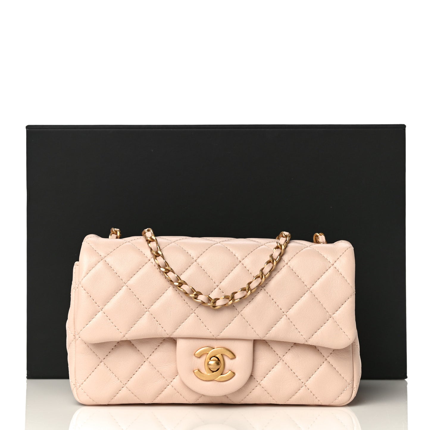 Lambskin Quilted Mini Rectangular Pearl Crush Flap Light Beige