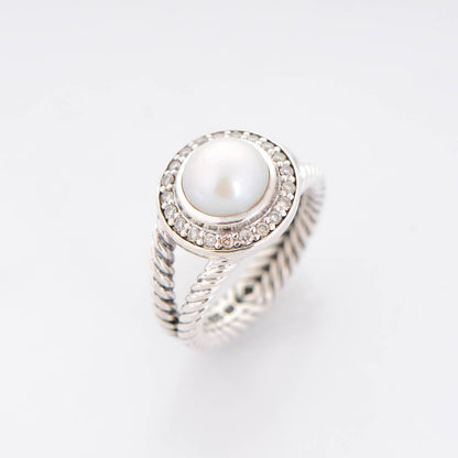 David Yurman Sterling Silver Diamond Pearl 8mm Petite Cerise Ring 51 5.75 6 of 7