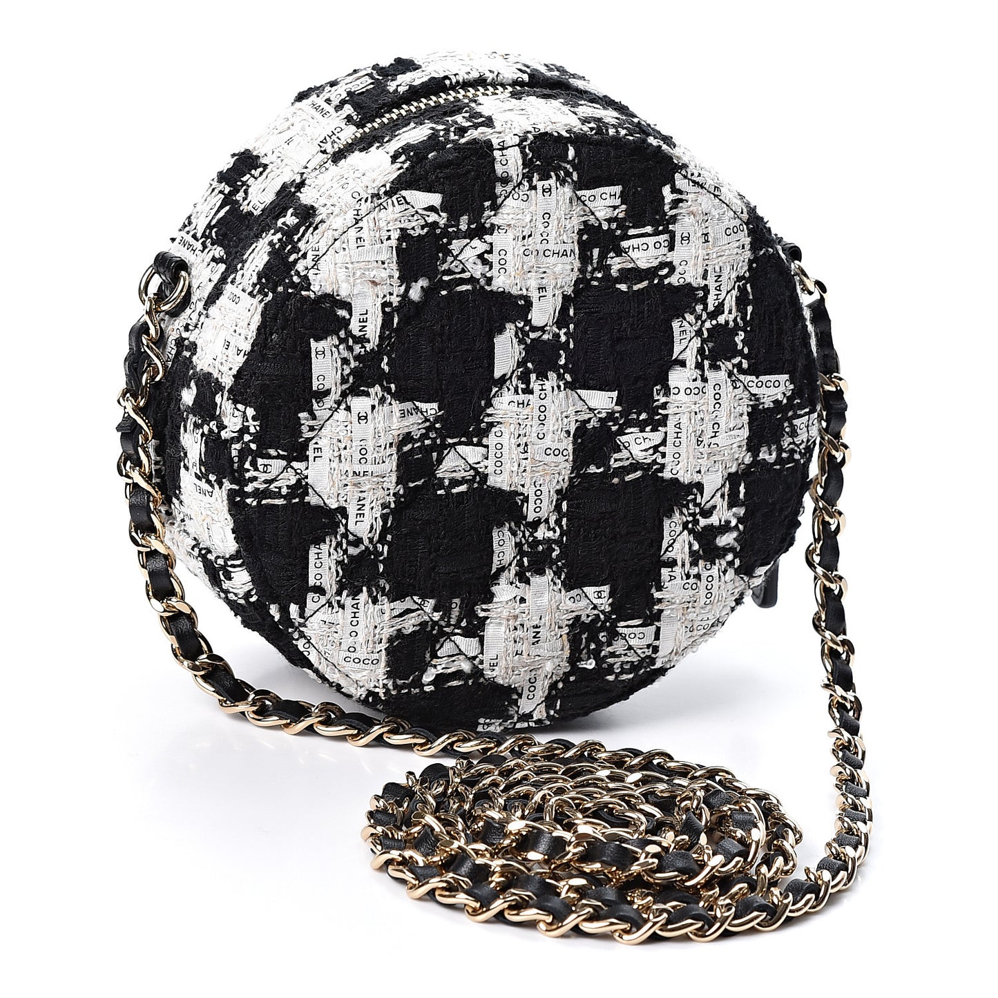 Tweed Quilted Round Clutch With Chain Black Ecru White